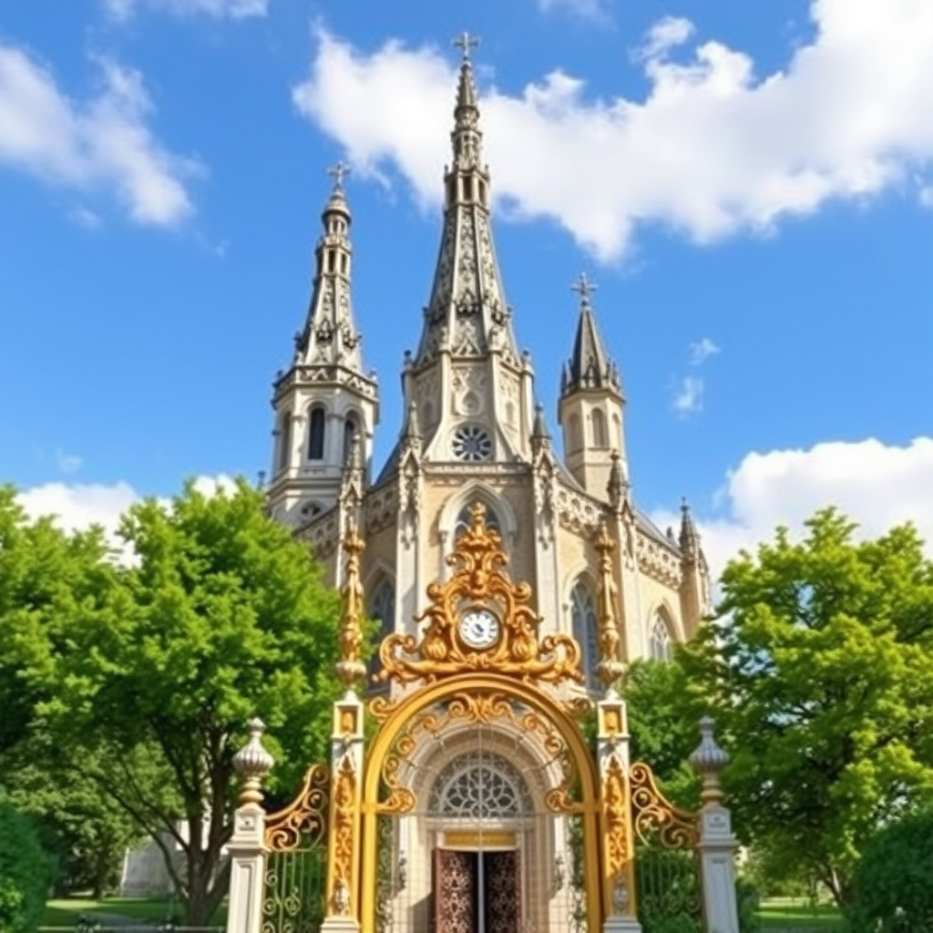 watercolor painting of Saint Chapelle with intricate details, golden ornate gate in the foreground, lush green trees, bright blue sky with soft clouds, shot with a DSLR camera at f/8, ISO 200, 50mm lens, natural lighting to enhance colors and shadows
