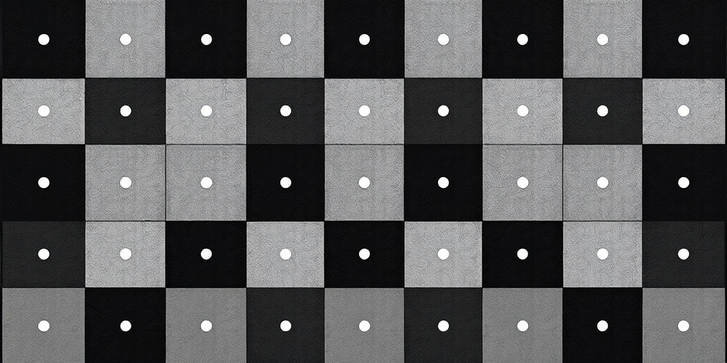 Create a high-resolution image of a grid pattern featuring alternating black and grey squares with white dots at the intersections, captured with a DSLR camera at f/8 aperture, ISO 100, with a 50mm lens in a top-down view for sharp detail and contrast.