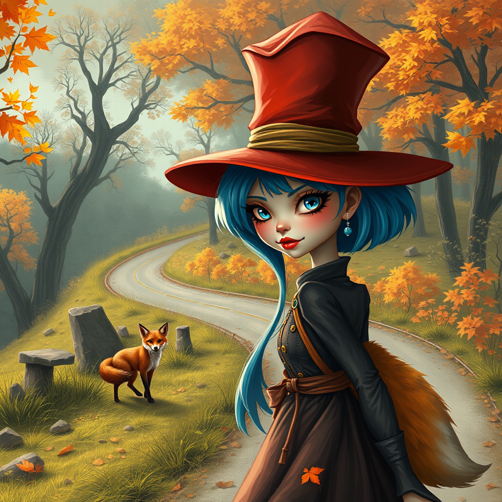 digital art fantasy depicting a strange girl with blue hair, long eyelashes, orange lipstick and a tall hat walking along a winding road on an autumn afternoon, an Fox smiles as she passes