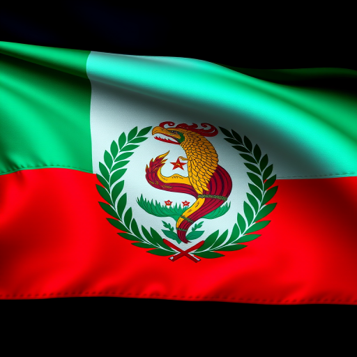 Create an image of the Guatemalan flag with vibrant colors and intricate details of the coat of arms, shot with a DSLR camera at f/8 aperture, ISO 100, 24mm focal length, and a slight HDR effect for enhanced clarity.