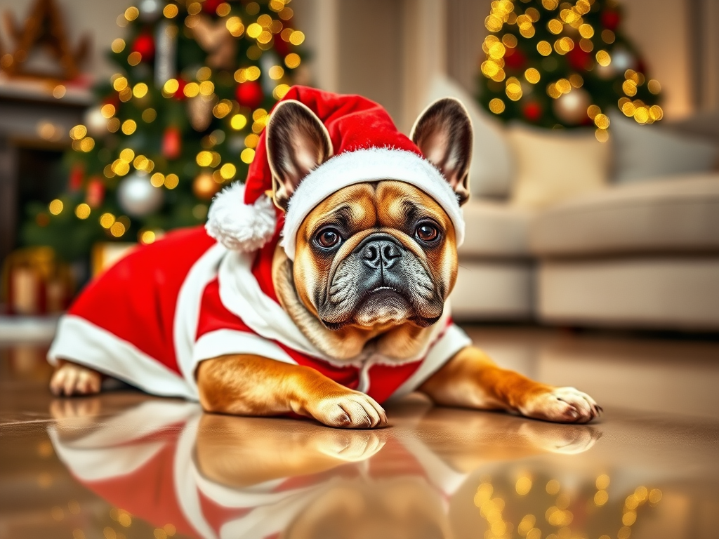 Generate an image of a French Bulldog wearing a festive Santa outfit, lying flat on a shiny floor. The background features a beautifully decorated Christmas tree with twinkling lights, and a cozy living room setting with soft furnishings. The dog's expression should be adorable and relaxed, capturing a playful holiday spirit.