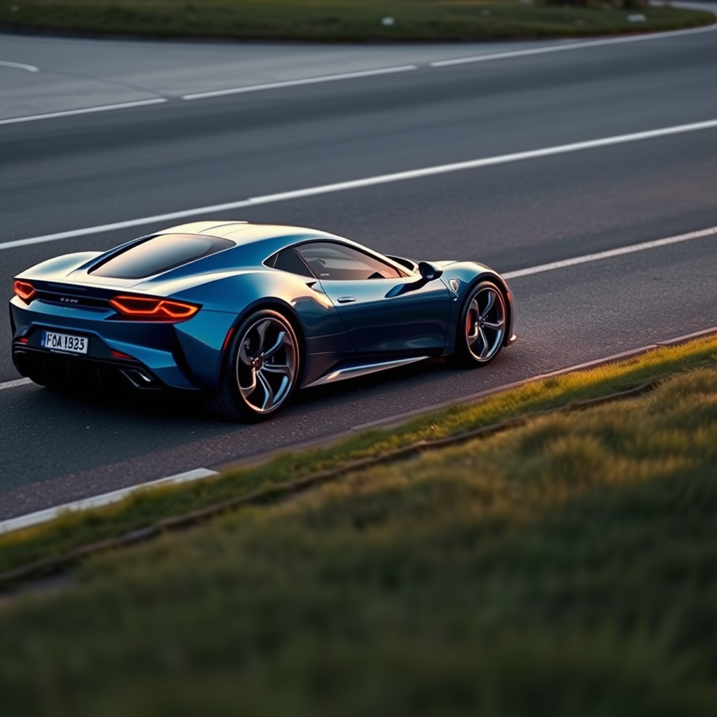 Generate an image of a luxury sports car parked on the side of a road during what appears to be dawn or dusk, given the soft light and shadows. The car should have a sleek design with aerodynamic features, a low-profile stance, and large, alloy wheels. It should display a contemporary color scheme, possibly a unique shade of blue that matches well with the ambient light in the setting. The vehicle's bodywork should gleam, reflecting the surrounding environment, and it should have distinctive lighting accents that enhance its sporty appearance. In the background, there should be a roadside with a grassy embankment on one side and possibly some trees or shrubbery along the edge of the pavement. The overall mood of the image should convey a sense of luxury, speed, and the tranquility of an early morning or late evening drive.