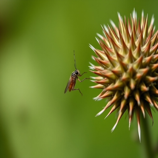 capture a close-up macro photograph of an insect perched on a spiky thistle bud with a blurred green background using a DSLR camera, 100mm macro lens, f/2.8 aperture, ISO 200, shutter speed 1/200 sec, natural lighting