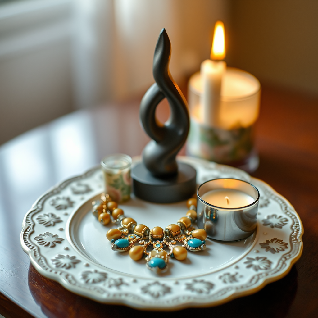 Still life photography of a decorative plate with a necklace, abstract sculpture, and a candle, shallow depth of field, 50mm lens, f/1.8 aperture, ISO 200, natural light, warm bokeh background, DSLR camera.