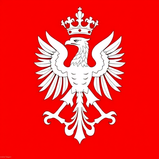 Create a high-resolution digital illustration of the Polish coat of arms featuring a white eagle with a crown, set against a vibrant red background, using a DSLR camera with a 50mm lens, f/1.8 aperture, 1/100 sec shutter speed, and a shallow depth of field for enhanced detail and clarity.