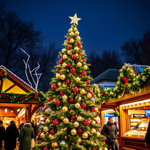 Generate an image of a festive Christmas market scene. Include a beautifully decorated Christmas tree with shiny ornaments and a star on top. Surround the tree with colorful market stalls adorned with lights and holiday decorations. Capture the vibrant atmosphere with shoppers enjoying the festivities.