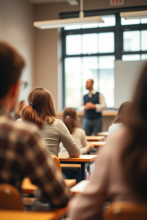 Create an image of a teacher in a classroom with students attentively listening, soft natural lighting, depth of field focus on the teacher, f/2.8 aperture, ISO 100, 50mm lens, shot in a warm color palette with a high-resolution digital camera.