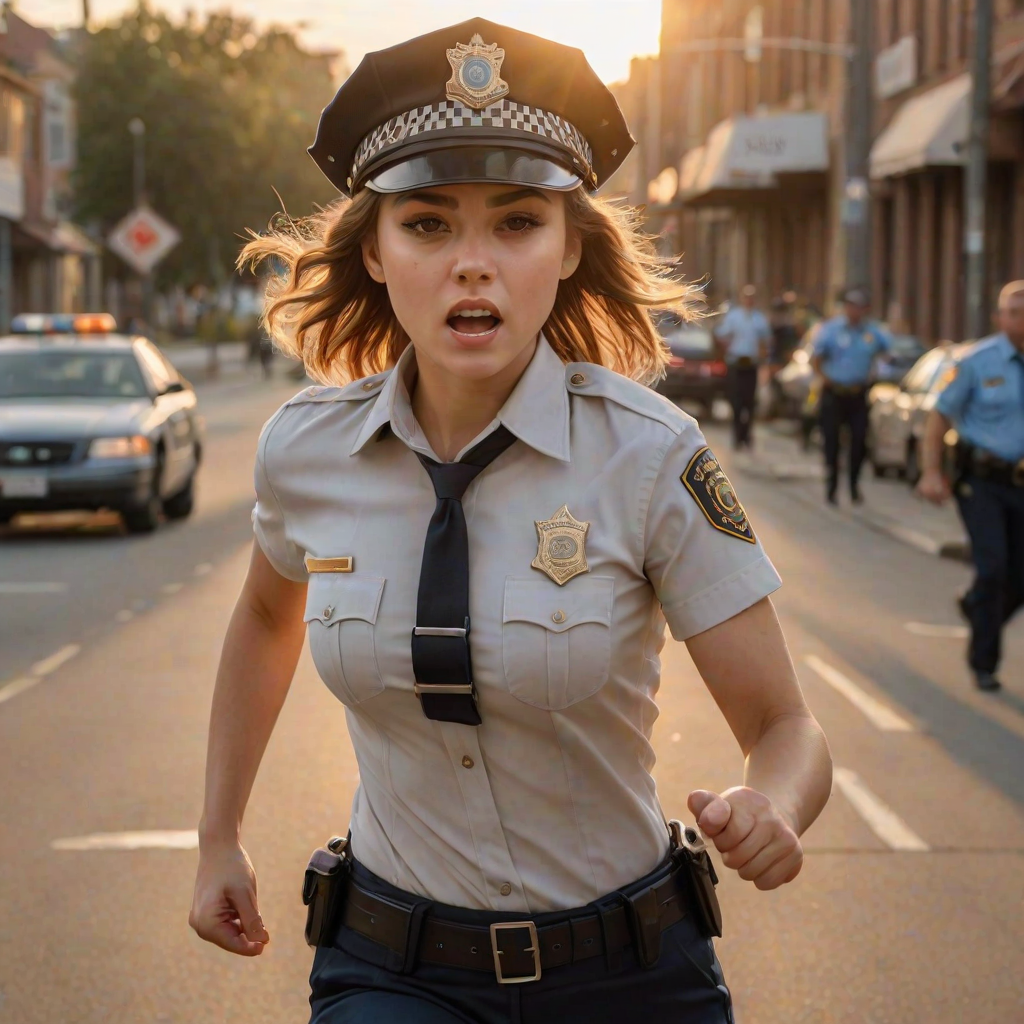 beautiful girl, beautiful face, running, angry,  cute body type, police cap, police, cop, police uniform, Beige, Blunt Cut,   Golden Hour Lighting,  Rule of thirds composition, ultra high res, masterpiece, (photorealistic:1.4), 1girl, cute