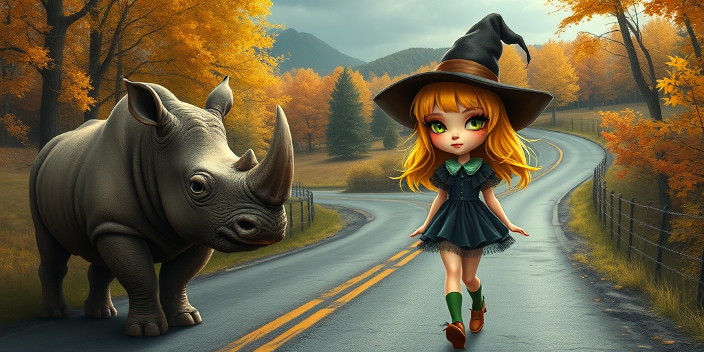 digital art fantasy depicting a strange girl with Yellow hair, long eyelashes, green lipstick and a tall hat walking along a winding road on an autumn afternoon, an Rhinoceros smiles as she passes