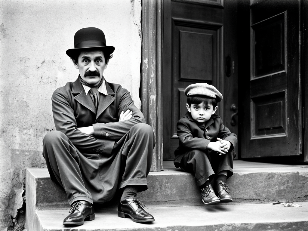 A black-and-white photograph of a man and a child sitting on steps in front of a doorway. The man is dressed as a tramp with a bowler hat, mustache, and ragged clothes, reminiscent of Charlie Chaplin's iconic look. He is sitting with his arms crossed and an expression of slight sadness or frustration. Next to him is a young boy, also in worn clothes and a cap, sitting with his hands clasped, looking thoughtful. The background is an old, textured wall and a partially open door, creating a vintage, early 20th-century atmosphere.