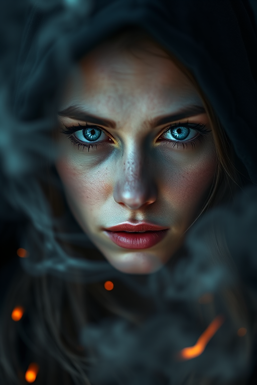 portrait of a mysterious woman with blue eyes and a dark hood, surrounded by swirling smoke and faint sparks of fire, shot with a Canon EOS R5, 50mm f/1.2 lens, natural light, shallow depth of field