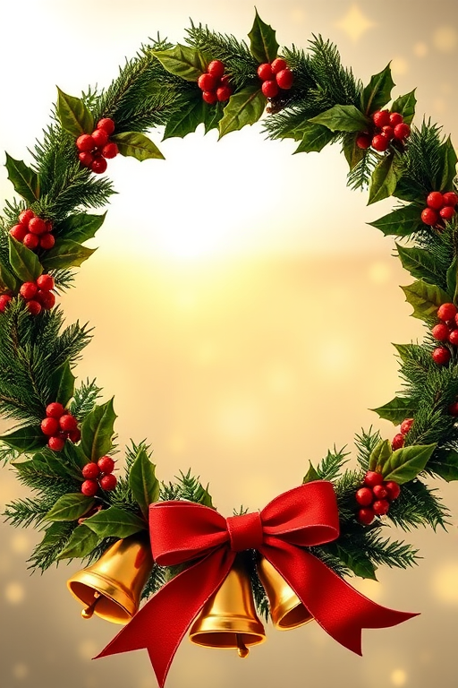 Generate a vintage-style Christmas frame with a holly wreath, golden bells, a red ribbon, and a soft-focus background featuring subtle twinkling stars, captured with a DSLR camera using a 50mm lens at f/2.8, ISO 100, and natural light at sunset for warm tones.