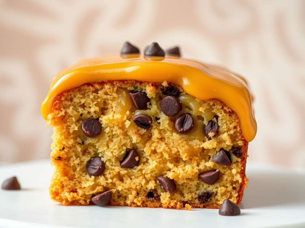 A close-up view of a moist cake with a golden caramel glaze on top showcasing a fluffy texture and chocolate chips throughout the cake. The background features a soft, blurred pattern, emphasizing the cake's delicious appearance.