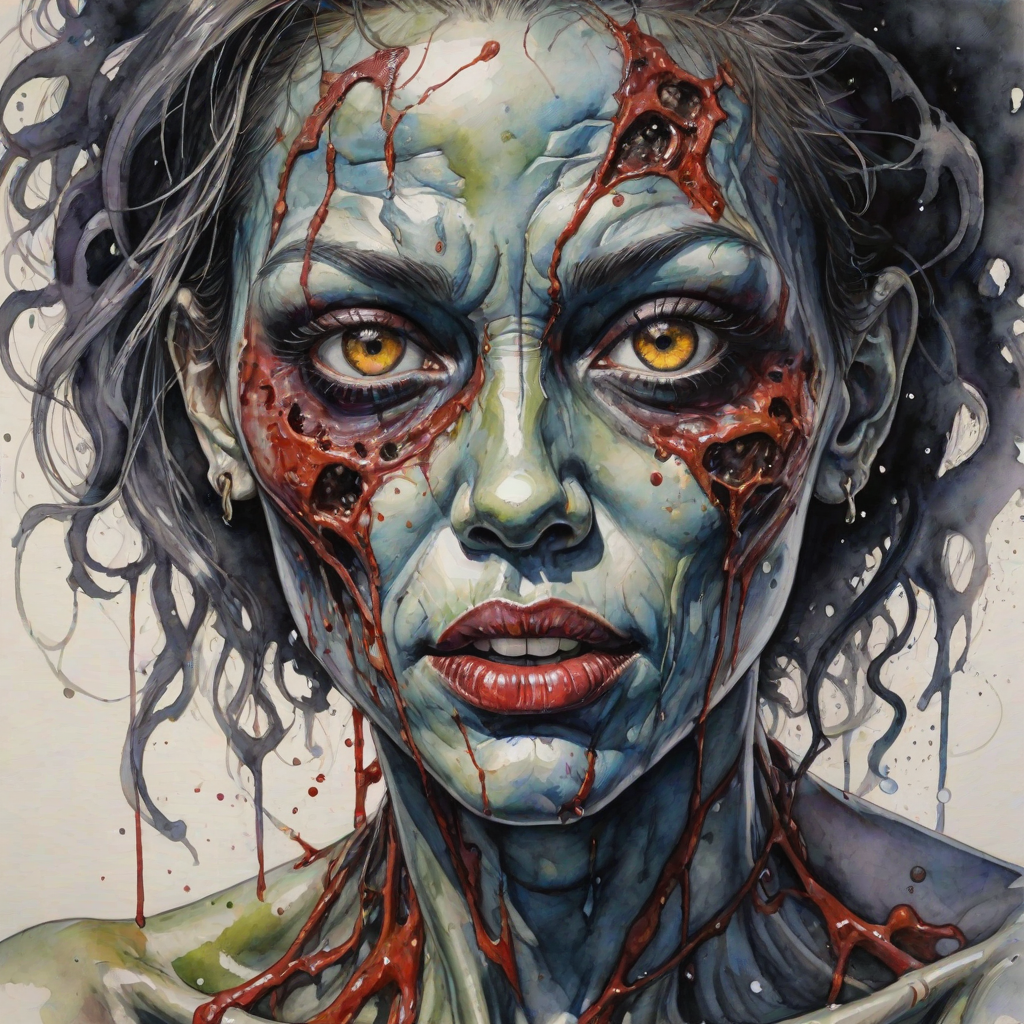 (perspective) of A creepy (ethnicity) zombie cyborg with (descriptive color) skin, (color) lipstick (color) liquid flowing from her eyes and mouth, (perspective two) portrait, (camera angle), extremely detailed, (art style) in the style of Yoshitaka Amano and Tetsuo Hara. --ar 85:128 --style raw --niji 6