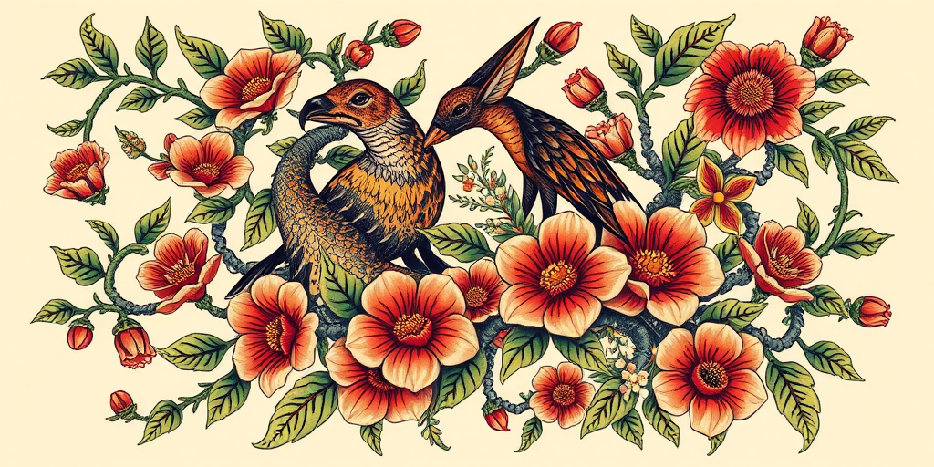 Neo-traditional tattoo piece titled "Nature's Embrace" combining elements of traditional and modern styles to create a bold stylized design of intertwining vines flowers and animals with rich saturated colors