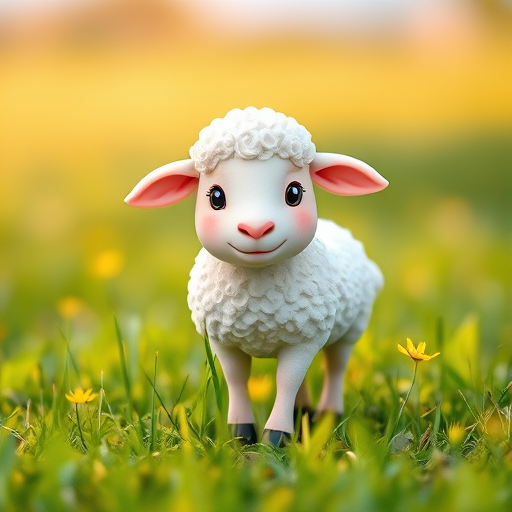 Generate a cute cartoon sheep standing in grass, captured with a DSLR camera at f/4 aperture, ISO 100, 50mm lens, in a soft-focus style with vibrant colors and a bright background.