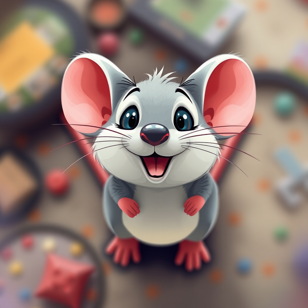 Create a high-quality illustration of a cartoon mouse from a top-down view using a Canon EOS 5D Mark IV, f/2.8 aperture, ISO 200, 50mm lens, with a soft focus background and vibrant colors.