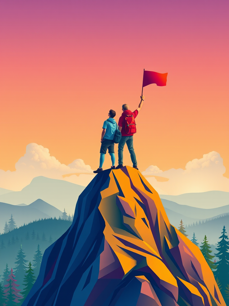 A colorful digital illustration of two people on a mountain peak, one waving a flag, against a soft gradient background featuring clouds and trees, high-resolution, 4K, shot with a wide-angle lens at f/8, ISO 100, 24mm focal length, vibrant colors, smooth gradients.