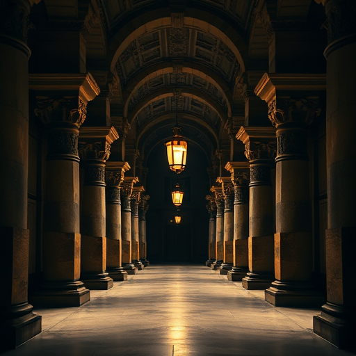Regenerate the image of a grand, dimly lit corridor with ornate stone pillars and a hanging lantern, using a DSLR camera with a 24mm lens, f/2.8 aperture, ISO 100, shot from a low angle to emphasize perspective, with soft focus and enhanced warm lighting for depth.