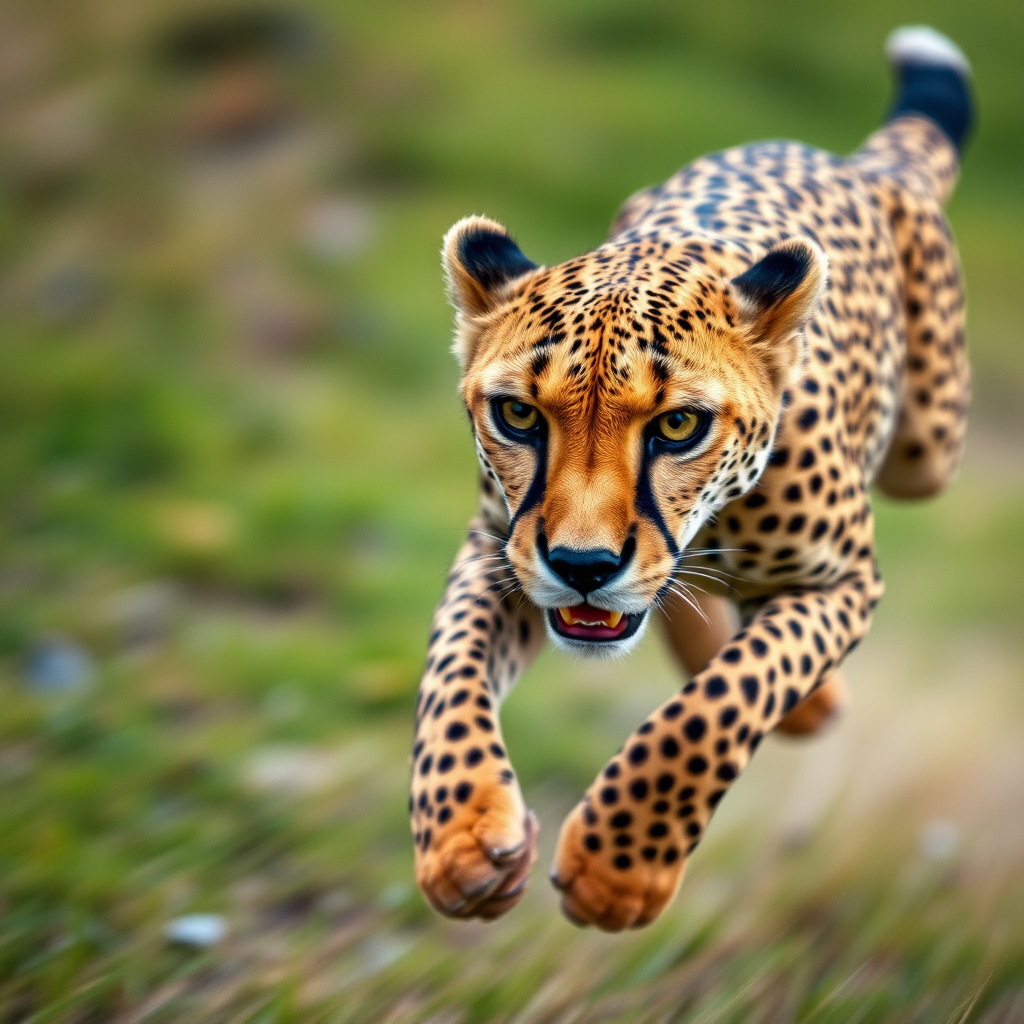 Cheetah running at high speed, close-up shot, 85mm lens, f/1.8 aperture, ISO 100, shutter speed 1/2000s, natural light, shallow depth of field, DSLR camera, vibrant colors, high contrast.