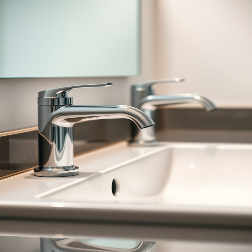 Create a high-resolution image of a modern bathroom sink with polished chrome faucets, soft lighting, 50mm lens, f/2.8 aperture, ISO 100, captured from a three-quarters angle to enhance depth and detail.