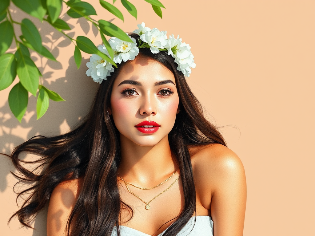 create a watercolor painting of an ethereal portrait of beautiful Aymara woman with a simple white flower crown on her head. Her hair is long and she is lying on the ground. The sunlight on the trees casts shadows from the leaves on her face and body. The background is a neutral brown color that matches her skin tone. The image is minimalist and solid colors. This style is characterized by soft, delicate brushstrokes and a light, airy, contrasting color palette. High level of detail and play of light