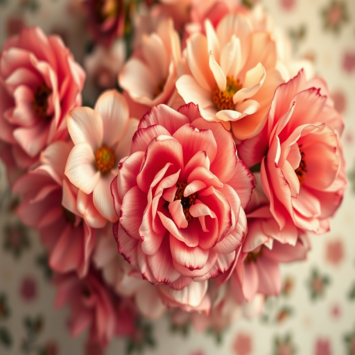 Create a vintage floral background with soft textures, warm lighting, shallow depth of field, f-stop 2.8, 50mm lens, ISO 100, DSLR camera, overhead view.