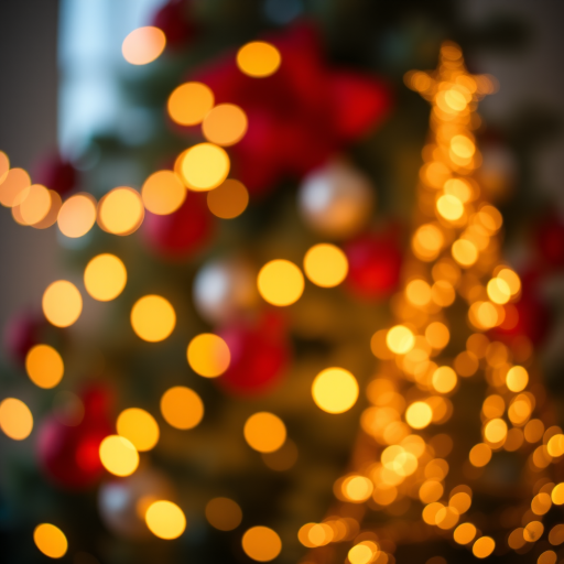 Create a vibrant Christmas-themed background with soft glowing lights and a sparkling tree outline, using a Canon EOS R5, f/2.8 aperture, ISO 100, 50mm lens, shot in portrait orientation with a bokeh effect to enhance the image quality.