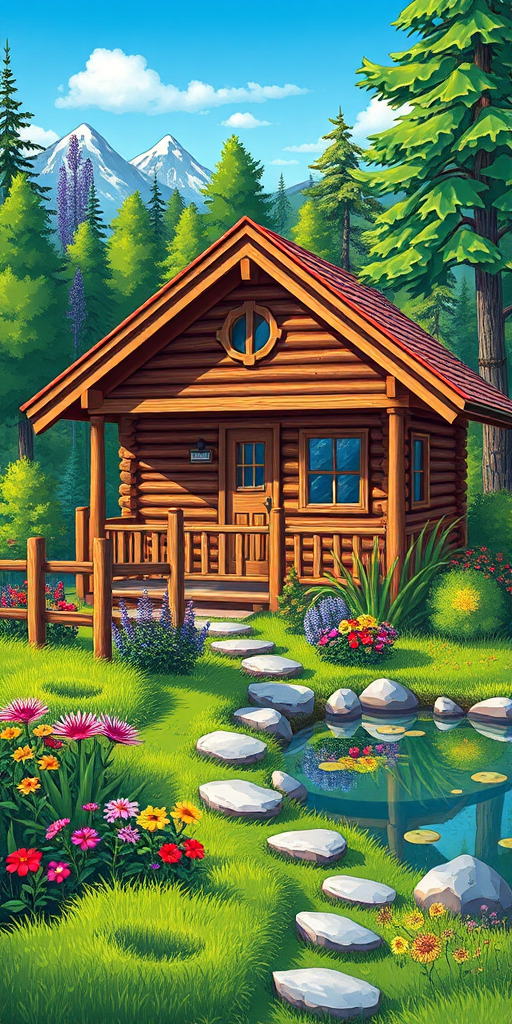 Generate a vibrant illustration of a charming wooden cabin surrounded by lush greenery, a wooden fence, colorful flowers, and a serene pond with mountains in the background, captured with a Canon EOS R5, 35mm lens, f/8 aperture, ISO 100, in a wide-angle view for enhanced detail and clarity.