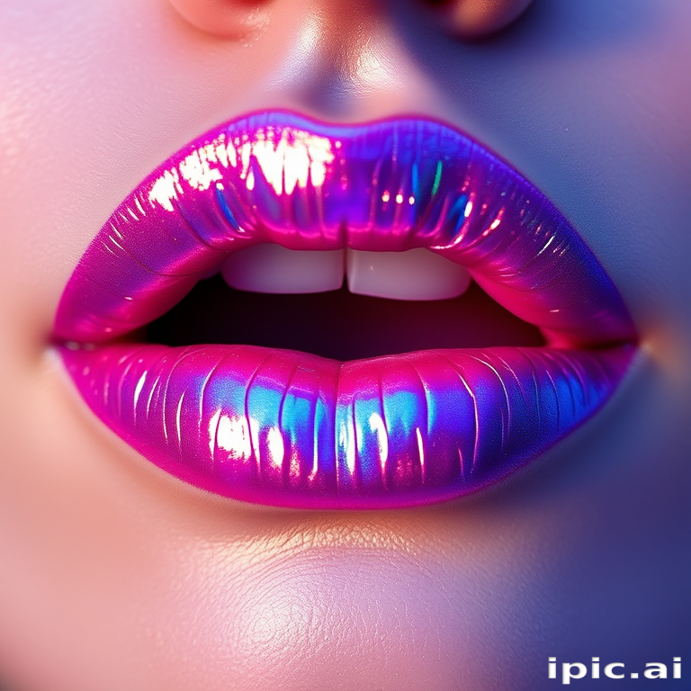 Ethereal holographic lips shimmering with iridescent blues and purples, creating a multidimensional appearance that shifts colors as light moves across them