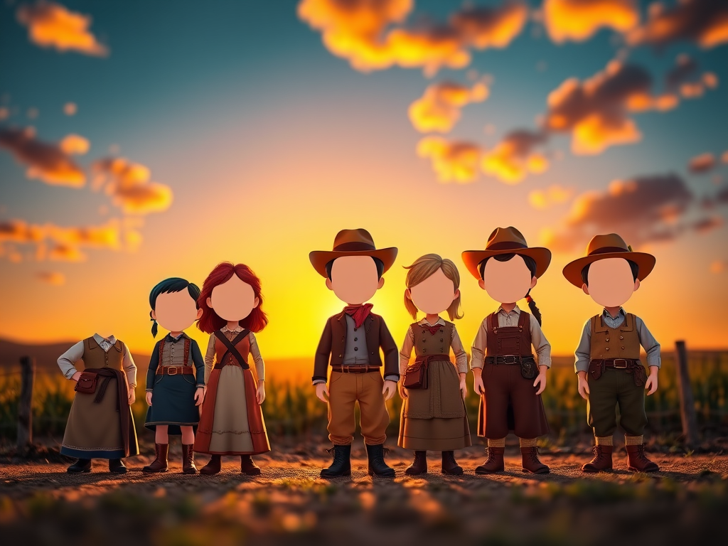 Create a vibrant sunset scene featuring six cartoonish characters dressed in 19th-century attire standing on a farm, with faces blank for customization, using a DSLR camera at f/2.8, ISO 100, and 1/1000 shutter speed, with a focus on the characters and a blurred background for depth.