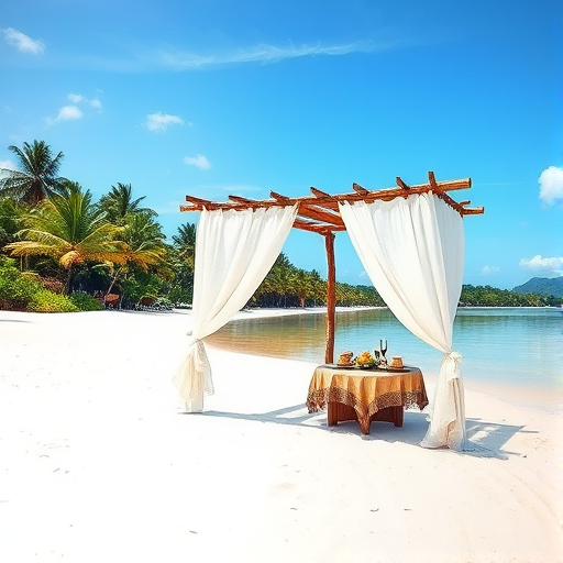 Create a picturesque tropical beach scene featuring a serene, white sandy shore. In the foreground, there's a rustic wooden canopy with white drapes gently flowing in the breeze. Underneath the canopy, a table is set with tropical decor, evoking a sense of relaxation and leisure. The beach extends into a calm, shallow water area with reflections of the sky and surroundings. Palm trees and lush greenery line the edge of the beach, providing a natural, tropical backdrop. The sky is clear with a few scattered clouds, and the overall atmosphere is tranquil and inviting, perfect for a peaceful retreat.