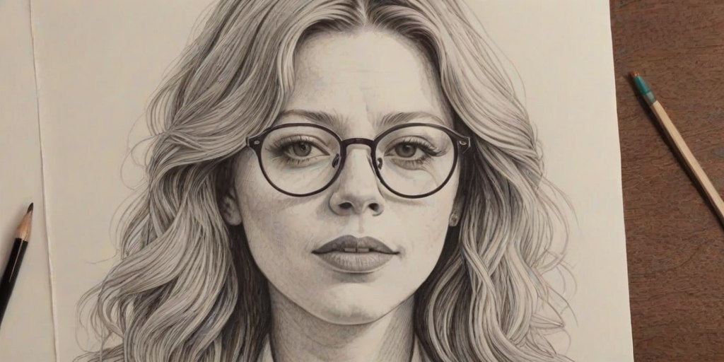 Charming Natasha Lyonne, pencil sketch, portrait of Enchanting woman 1972s in glasses, hair style beatnik, outline, clear lines, fine lines, 8k