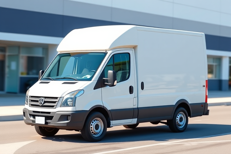 Create a high-resolution vector illustration of a delivery truck with a clean white exterior and light blue windows, captured using a Canon EOS R5 camera with a 50mm f/1.2 lens, in natural daylight, featuring a side view and a shallow depth of field to enhance detail and clarity.
