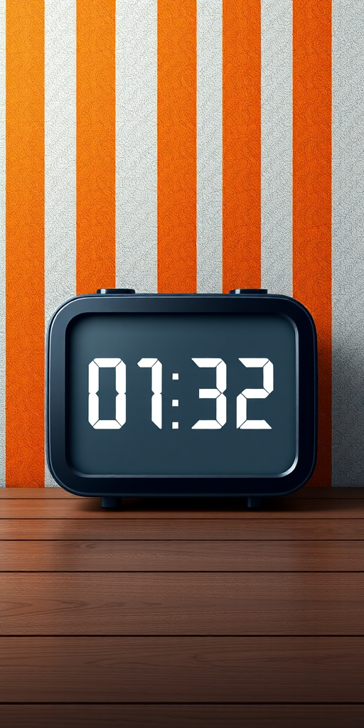 Create a digital illustration of a modern clock displaying 01:32, placed on a wooden table against a textured background with orange vertical stripes, using a Canon EOS 5D Mark IV with a 50mm lens, aperture f/1.8, ISO 200, and soft lighting to enhance details and contrast.