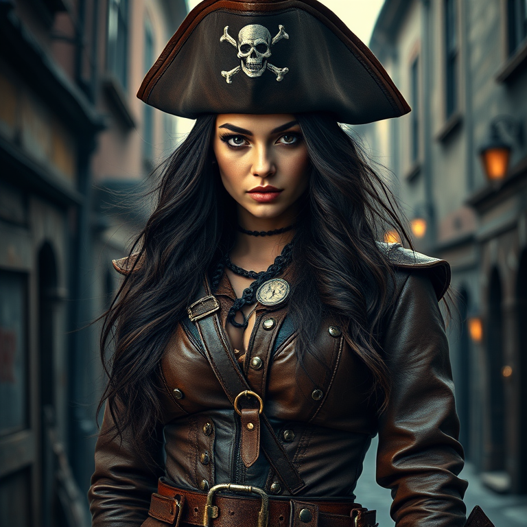 Create a portrait of a fierce female pirate. She wears a leather tricorn hat adorned with a skull and crossbones emblem, and her long, dark hair flows around her face. Her outfit consists of a richly detailed leather jacket, a corset, and multiple layers of belts and accessories, giving her a formidable and stylish appearance. She stands confidently in a dimly lit, historic port town, with a backdrop of weathered buildings and cobblestone streets, capturing the adventurous spirit of a pirate.