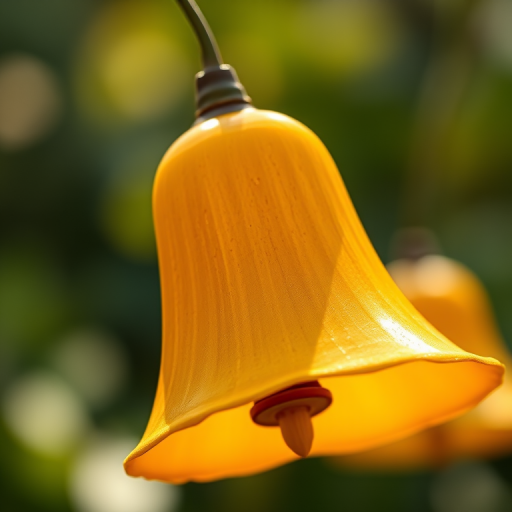 Generate a high-resolution image of a golden bell with a smooth gradient from yellow to orange, using a Canon EOS 5D Mark IV, aperture f/2.8, ISO 100, 50mm lens, center composition, soft natural lighting for enhanced clarity.