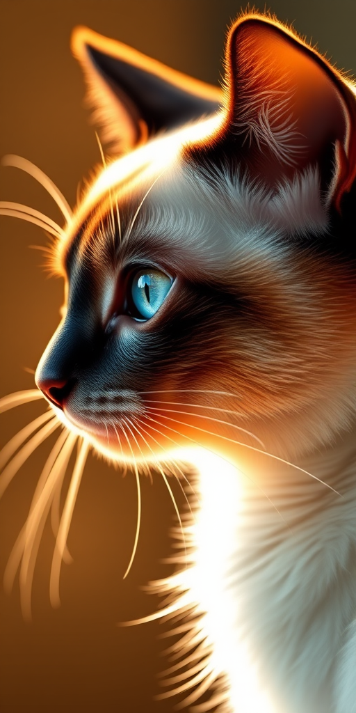 Create a high-resolution digital illustration of a Siamese cat with striking blue eyes, depicted in a side profile view, using a soft-focus lens effect, 50mm aperture, ISO 100, f/1.8, with warm lighting to enhance the cat's features and colors.