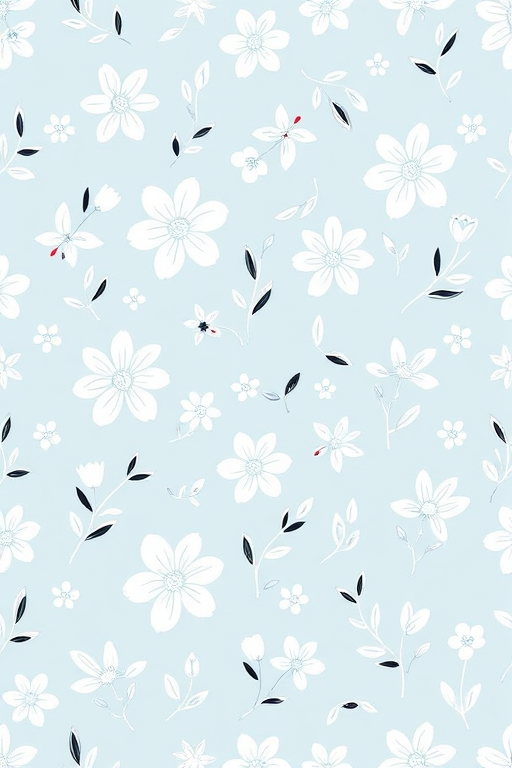 create a seamless pattern featuring whimsical hand-drawn white flowers, leaves, and abstract shapes on a soft blue background