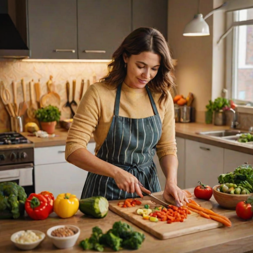 Warmly lit photo of a woman cooking in a modern kitchen, dressed in a stylish apron, chopping vegetables with a colorful assortment of ingredients displayed around her.