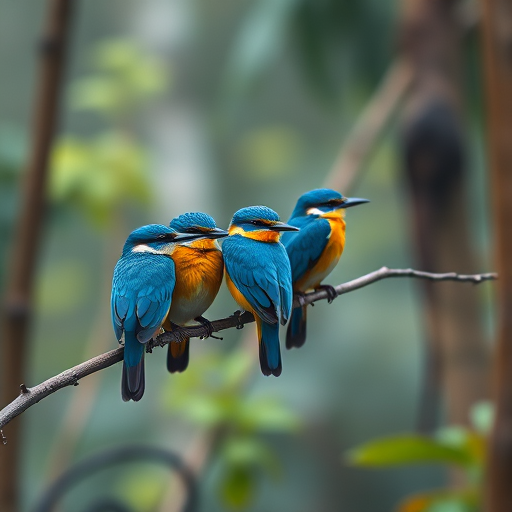 Capture five blue and orange birds perched on a branch in a misty forest, using a DSLR camera with a 50mm lens, aperture set to f/2.8, shutter speed 1/100s, ISO 200, in soft natural light to enhance detail and clarity.