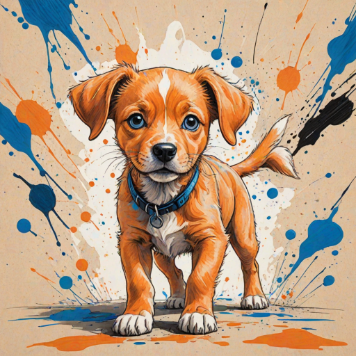 A vibrant childs coloured pencil drawn illustration of a bright orange dog with large, expressive blue eyes, a very cute style. The dog appears to be walking towards the viewer, surrounded by an abstract splash of colors and fine black lines, giving the image a dynamic and artistic flair. The background is a soft beige, highlighting the cat's vivid coloration and playful demeanor. Naively drawn scratchy line style.
