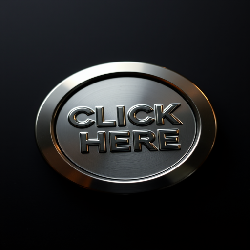 Create a highly detailed, high-resolution image of a glossy metallic button with the text "CLICK HERE" embossed on it, using a Canon EOS R5 camera, 50mm lens, f/2.8 aperture, 1/125s shutter speed, ISO 100, with a clean black background and soft studio lighting for an engaging effect.