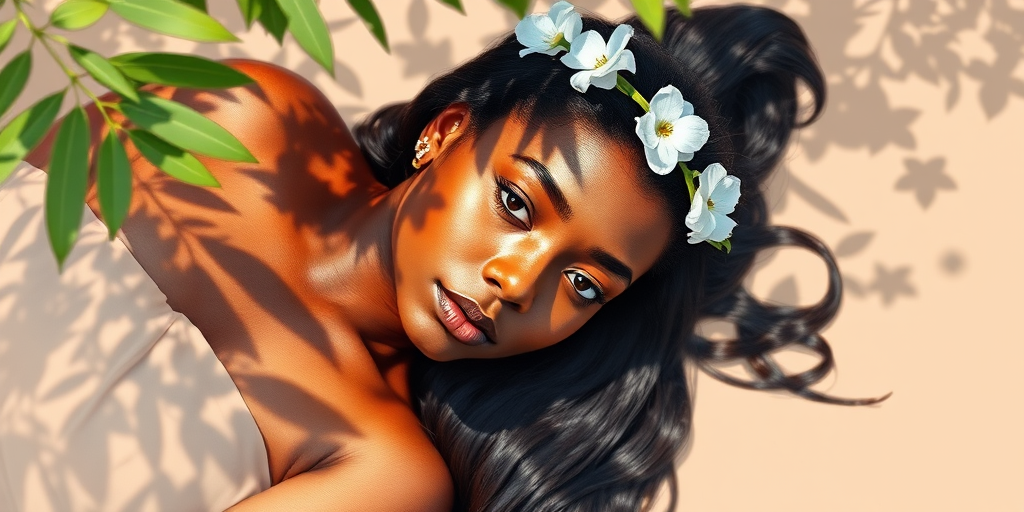 create a watercolor painting of an ethereal portrait of beautiful Garifuna woman with a simple white flower crown on her head. Her hair is long and she is lying on the ground. The sunlight on the trees casts shadows from the leaves on her face and body. The background is a neutral brown color that matches her skin tone. The image is minimalist and solid colors. This style is characterized by soft, delicate brushstrokes and a light, airy, contrasting color palette. High level of detail and play of light