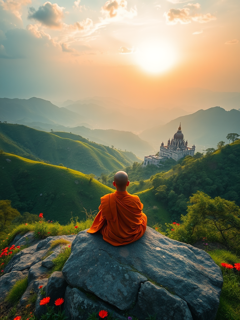 A serene landscape featuring a monk meditating on a rock, overlooking lush green hills and colorful flowers, with a distant temple under a glowing sunrise, captured with a Canon EOS R5, 35mm lens, f/8 aperture, ISO 100, in a vibrant, cinematic style.