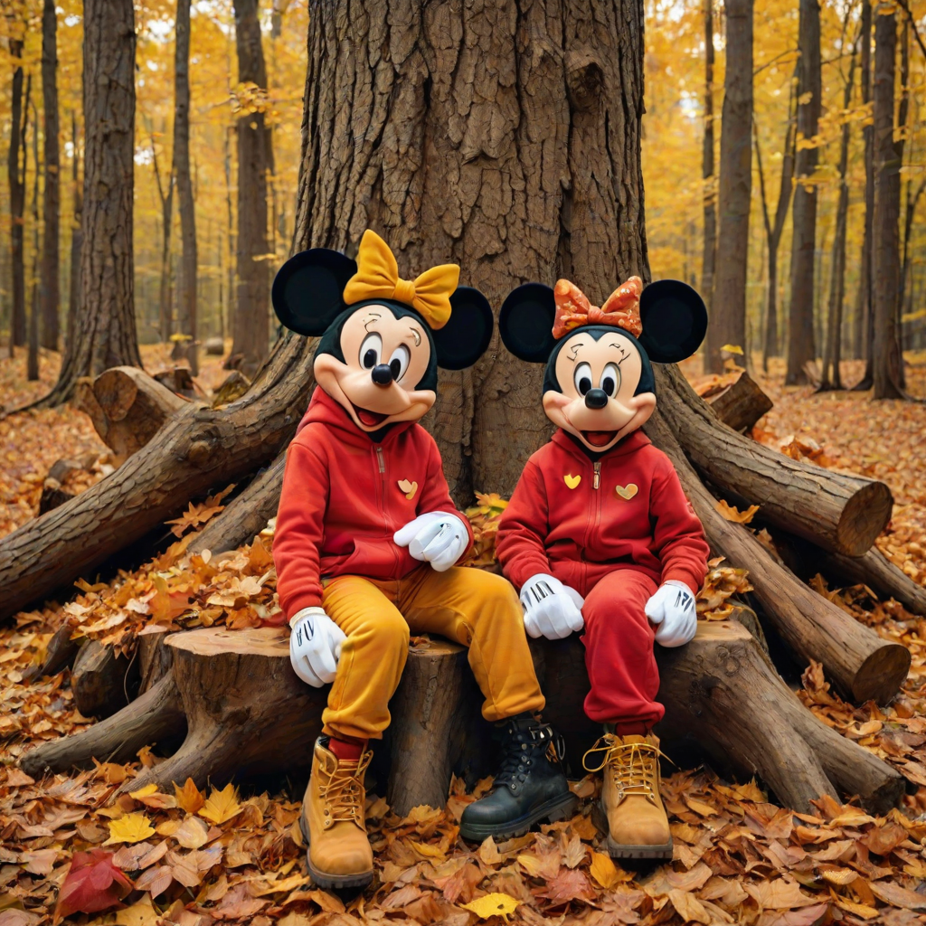 create a cartoon style of Mickey and Minnie wear Fall theme colored sweat suits with timberland boots and Bernie hats sitting together on a big tree stump surrounded by large color pile of raked leaves