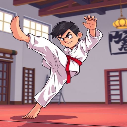 Create a high-resolution cartoon-style image of a martial artist performing a high kick, using a DSLR camera with a 50mm lens, aperture set to f/2.8, shutter speed of 1/500s, ISO 100, in a well-lit indoor dojo setting with soft lighting for enhanced colors and details.