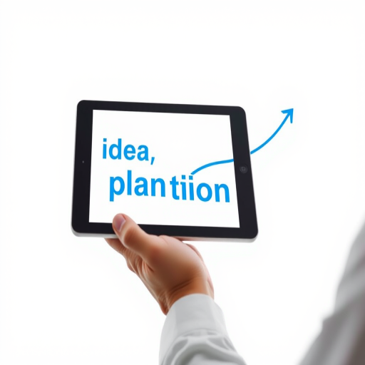 Create an image of a person holding a tablet, with words "idea", "plan", and "action" in bold blue fonts along an upward arrow, using a Canon EOS 5D Mark IV at f/4.0, ISO 100, 1/125 sec, with a bright white background and a focus on the tablet.