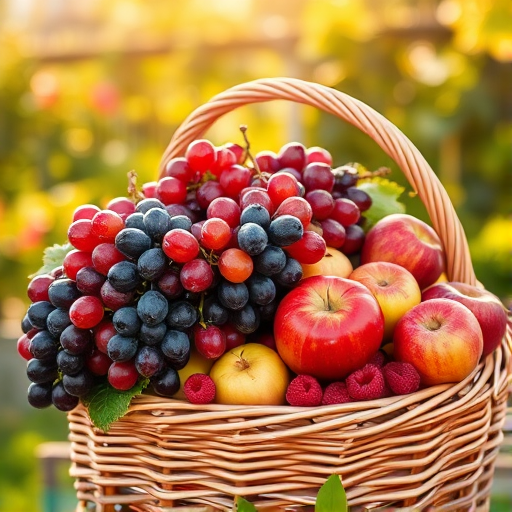 A vibrant still life of a wicker basket overflowing with assorted fruits including red, green, and black grapes, apples, and raspberries, set in a sunlit garden with soft bokeh; shot with a DSLR camera at f/2.8 aperture, ISO 100, 50mm lens, golden hour lighting, with a shallow depth of field to emphasize the textures and colors.