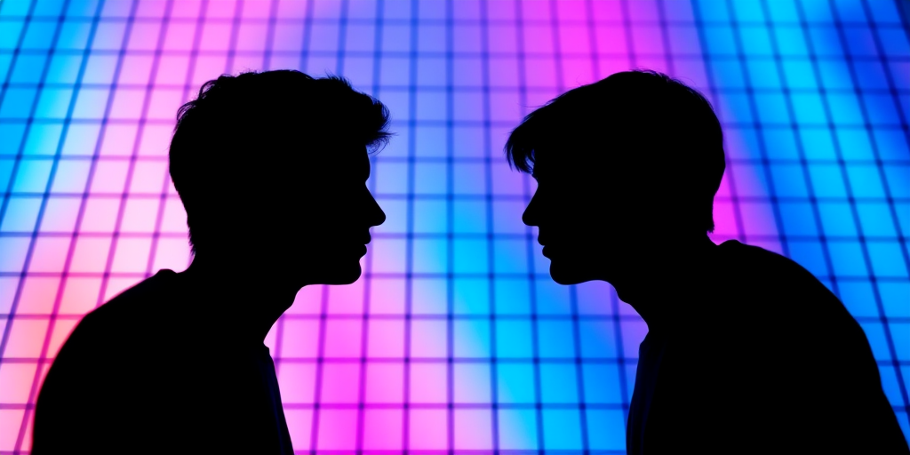 Create a vivid digital art of two human silhouettes facing each other against a mesmerizing blue and pink grid background, using a Canon EOS R5 with a 50mm lens, aperture f/1.8, shutter speed 1/100s, ISO 100, shot from a low angle perspective to enhance depth and focus.